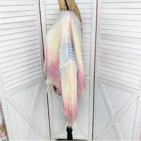 Skylar + Madison Tie Dye Distressed Crop Sweater Medium Reversible Fringe Grunge - Picture 3 of 16